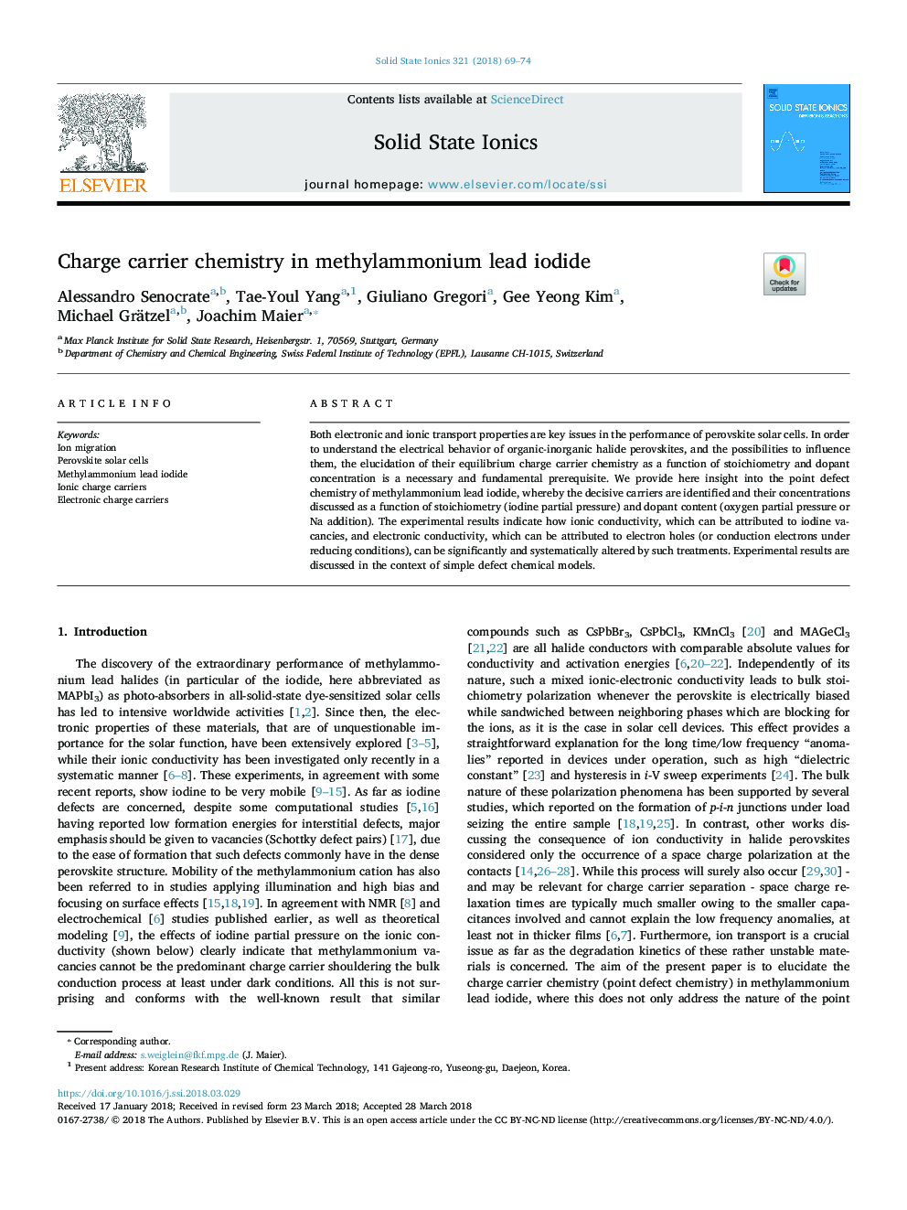 Charge carrier chemistry in methylammonium lead iodide