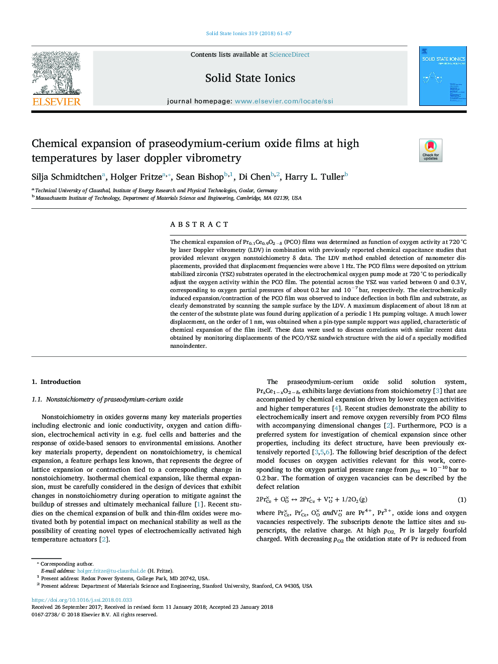 Chemical expansion of praseodymium-cerium oxide films at high temperatures by laser doppler vibrometry