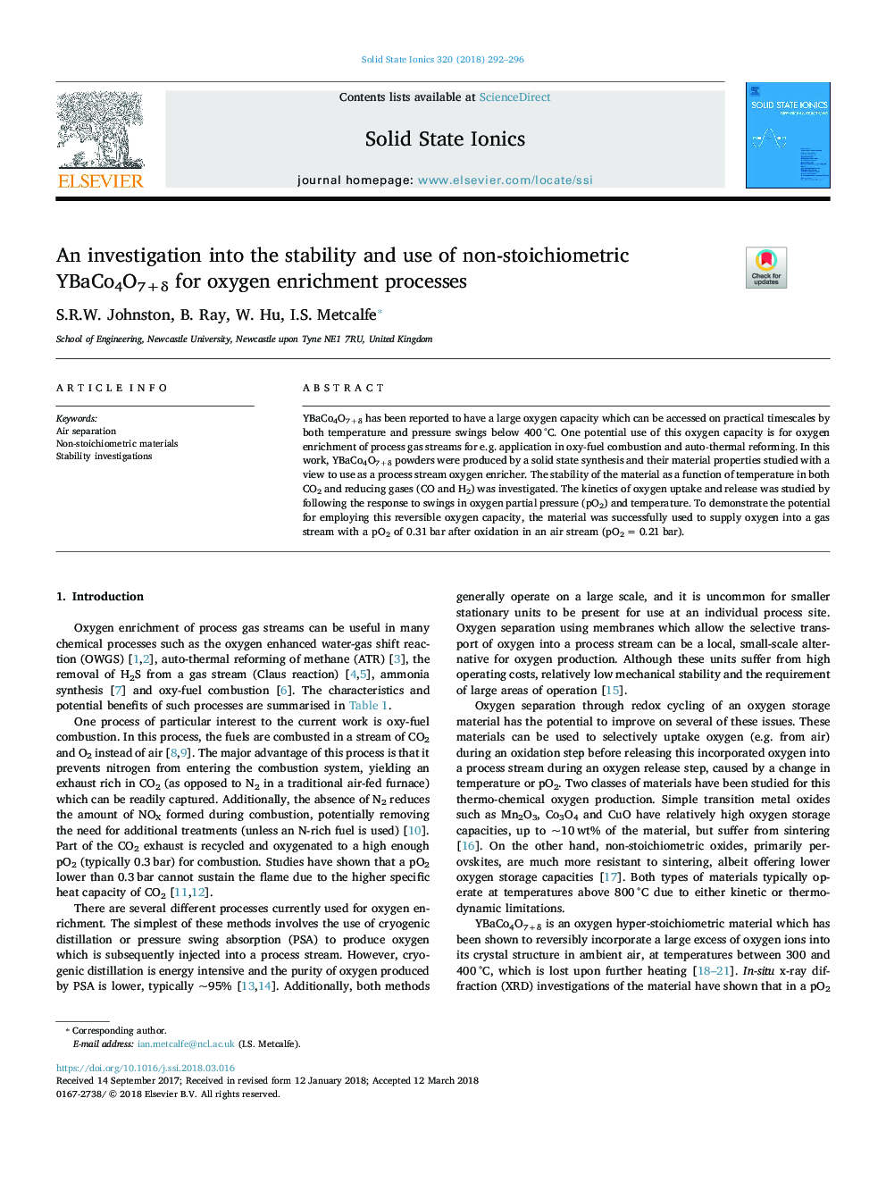 An investigation into the stability and use of non-stoichiometric YBaCo4O7+Î´ for oxygen enrichment processes