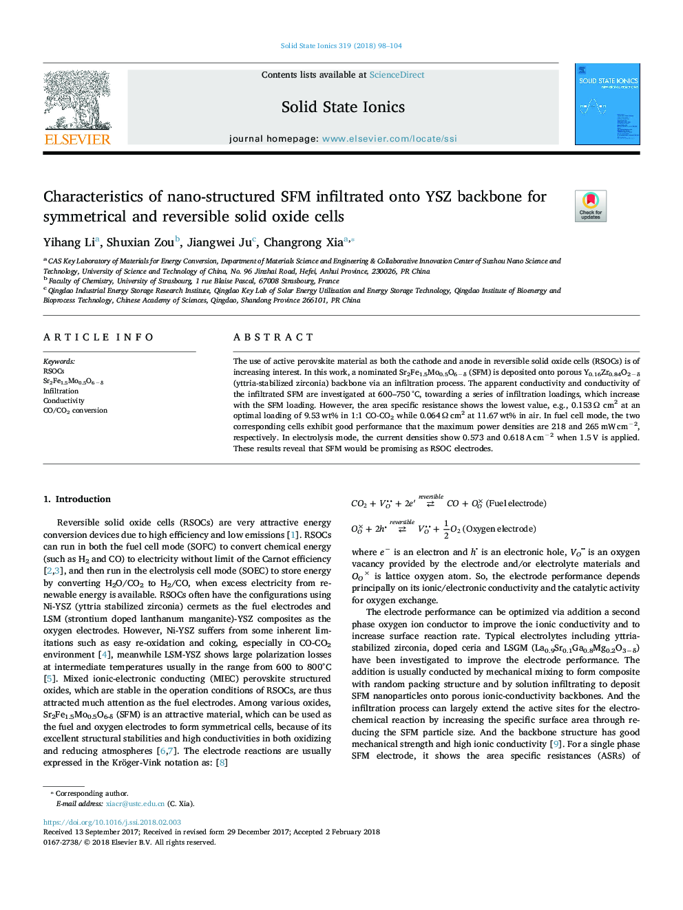 Characteristics of nano-structured SFM infiltrated onto YSZ backbone for symmetrical and reversible solid oxide cells