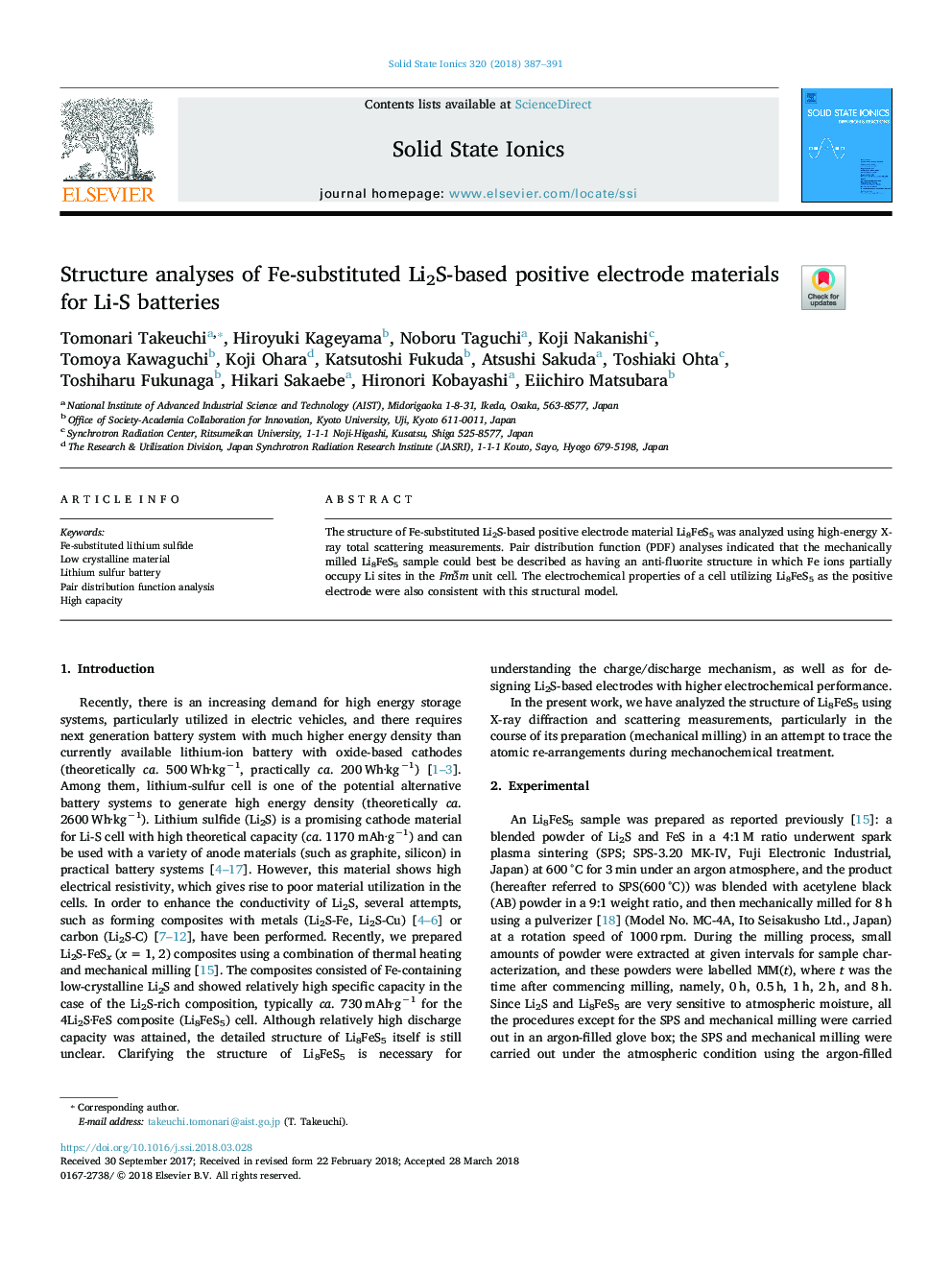 Structure analyses of Fe-substituted Li2S-based positive electrode materials for Li-S batteries