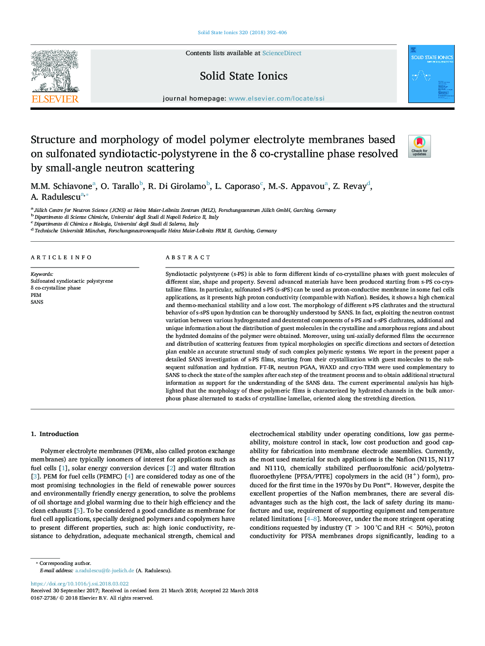 Structure and morphology of model polymer electrolyte membranes based on sulfonated syndiotactic-polystyrene in the Î´ co-crystalline phase resolved by small-angle neutron scattering