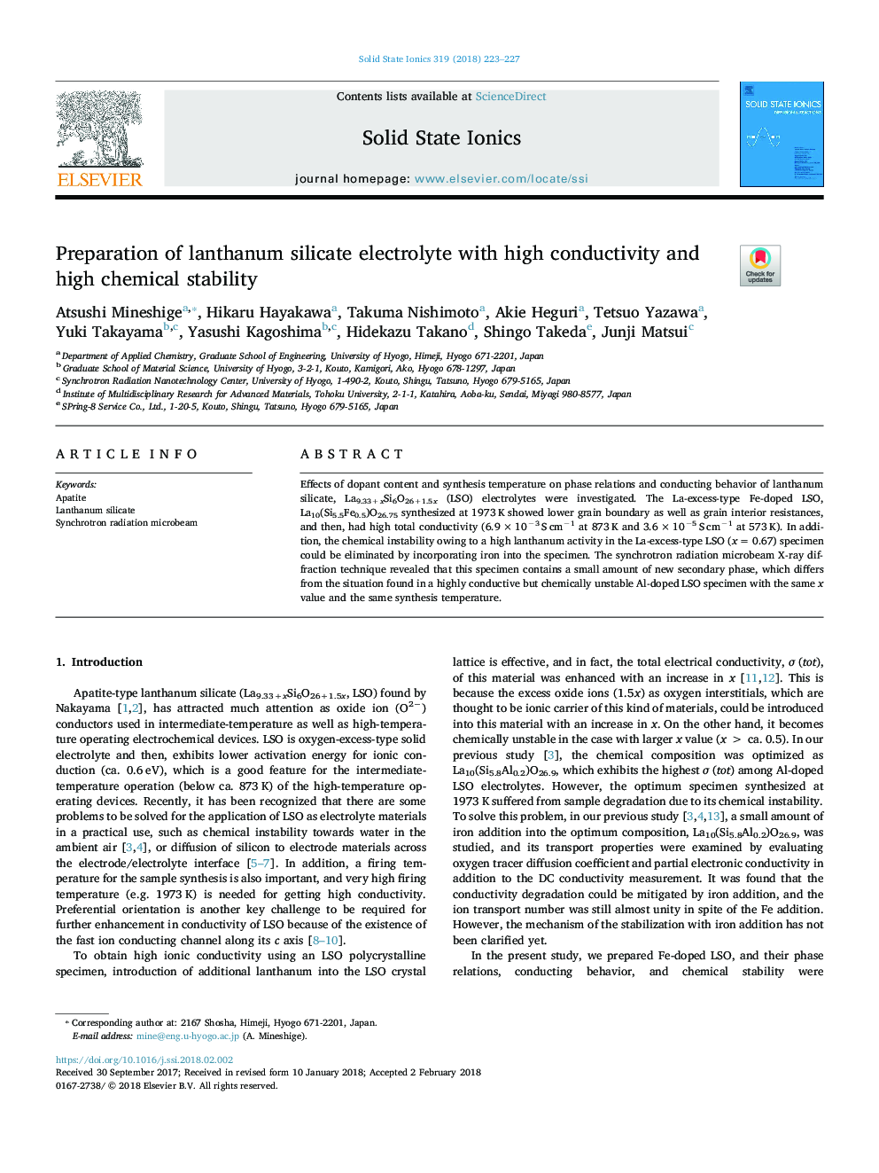 Preparation of lanthanum silicate electrolyte with high conductivity and high chemical stability