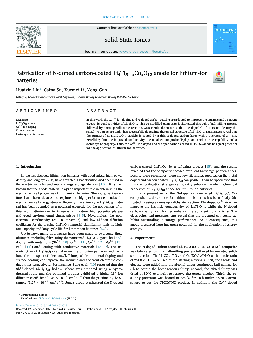 Fabrication of N-doped carbon-coated Li4Ti5âxCoxO12 anode for lithium-ion batteries