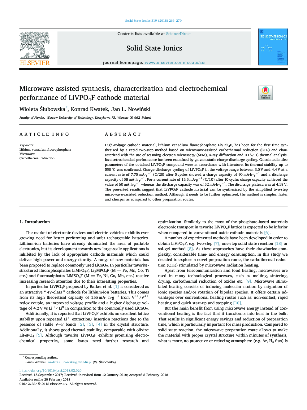 Microwave assisted synthesis, characterization and electrochemical performance of LiVPO4F cathode material