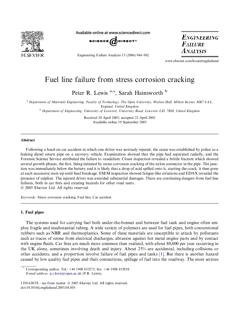 Fuel line failure from stress corrosion cracking