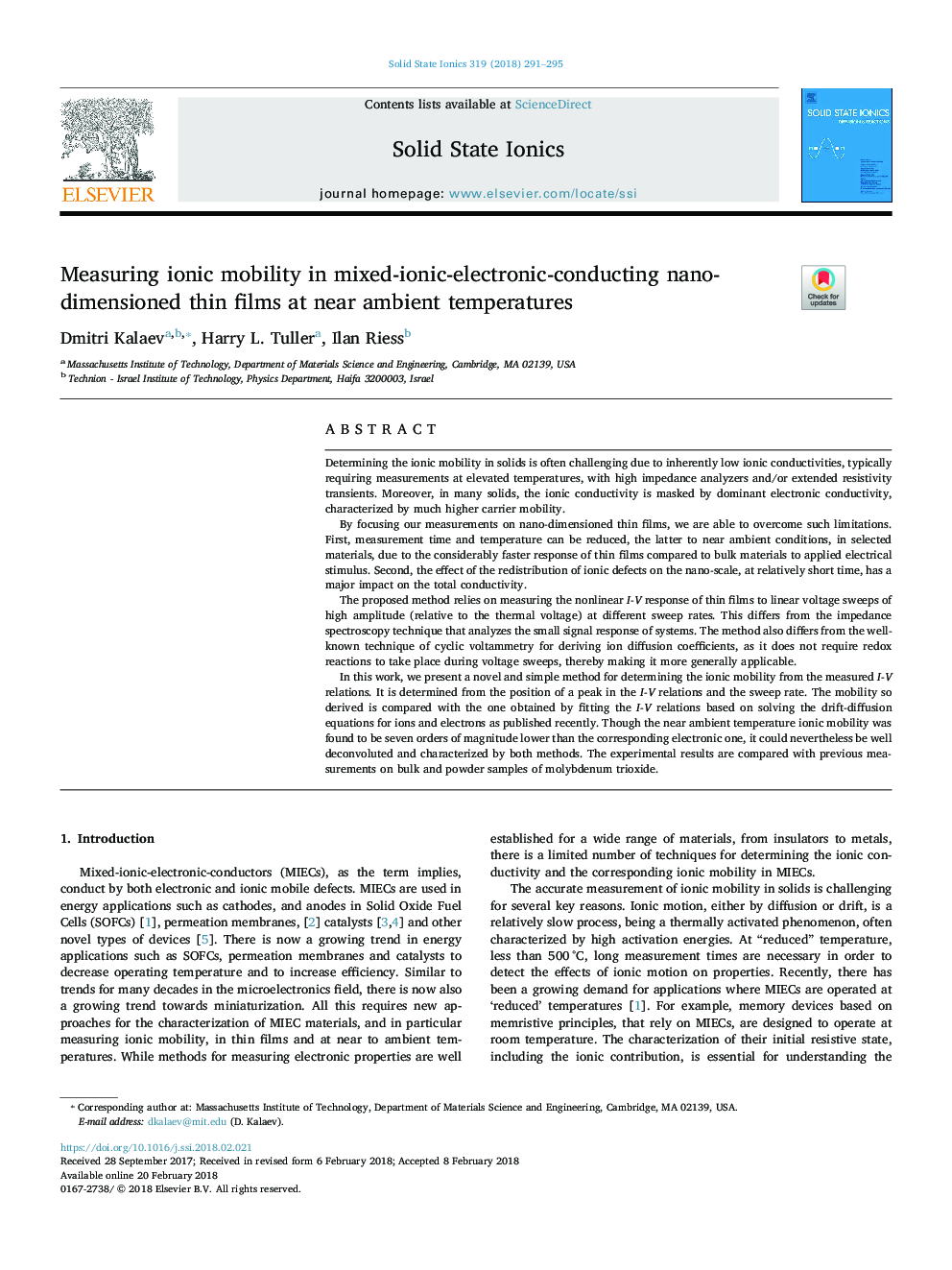 Measuring ionic mobility in mixed-ionic-electronic-conducting nano-dimensioned thin films at near ambient temperatures