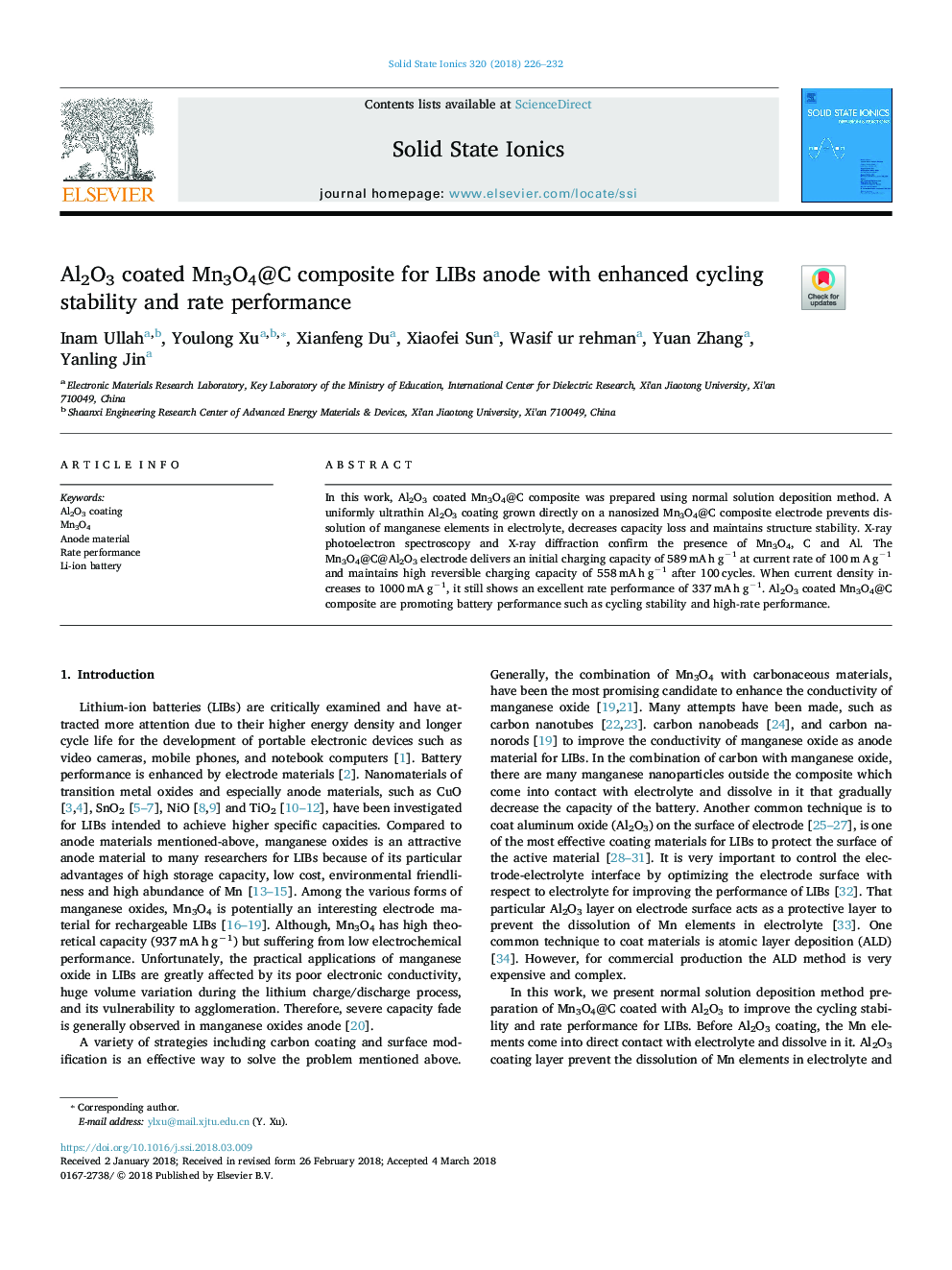 Al2O3 coated Mn3O4@C composite for LIBs anode with enhanced cycling stability and rate performance