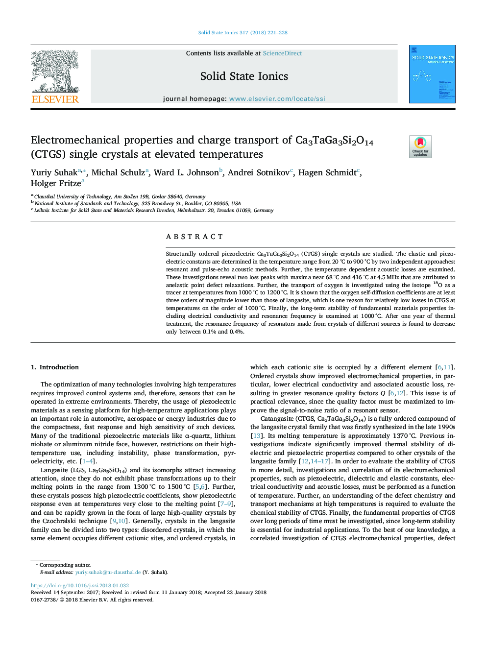عکس صفحه اول مقاله: Electromechanical properties and charge transport of Ca3TaGa3Si2O14 (CTGS) single crystals at elevated temperatures Electromechanical properties and charge transport of Ca3TaGa3Si2O14 (CTGS) single crystals at elevated temperatures