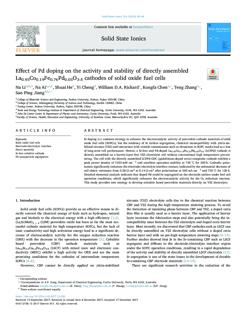 Effect of Pd doping on the activity and stability of directly assembled La0.95Co0.19Fe0.76Pd0.05O3-Î´ cathodes of solid oxide fuel cells