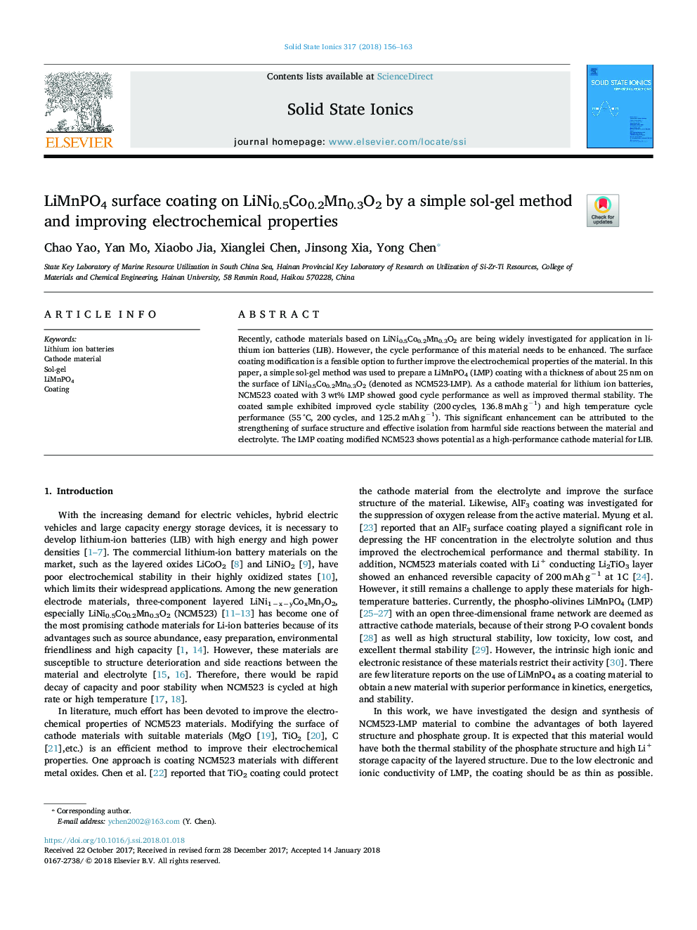 LiMnPO4 surface coating on LiNi0.5Co0.2Mn0.3O2 by a simple sol-gel method and improving electrochemical properties