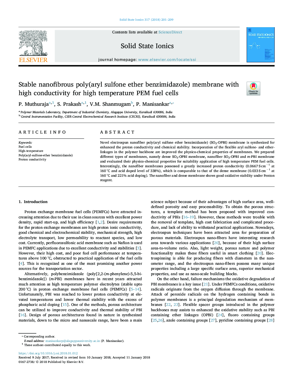 Stable nanofibrous poly(aryl sulfone ether benzimidazole) membrane with high conductivity for high temperature PEM fuel cells