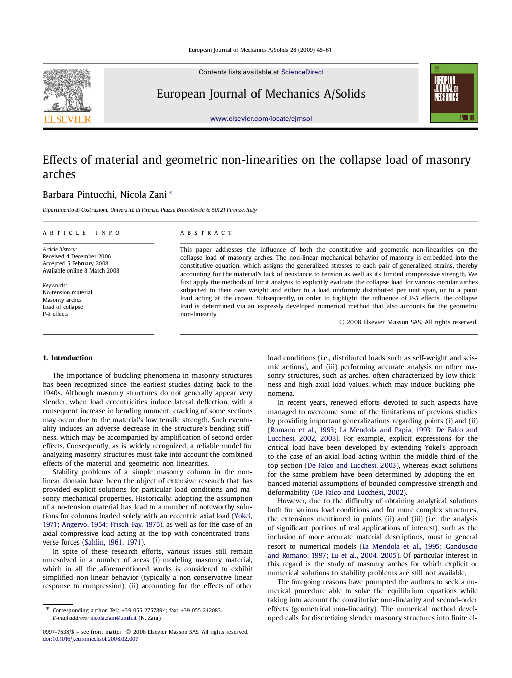 Effects of material and geometric non-linearities on the collapse load of masonry arches