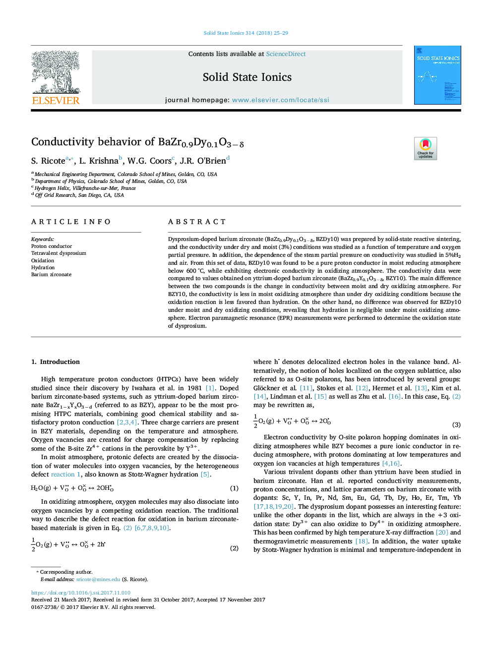 Conductivity behavior of BaZr0.9Dy0.1O3âÎ´