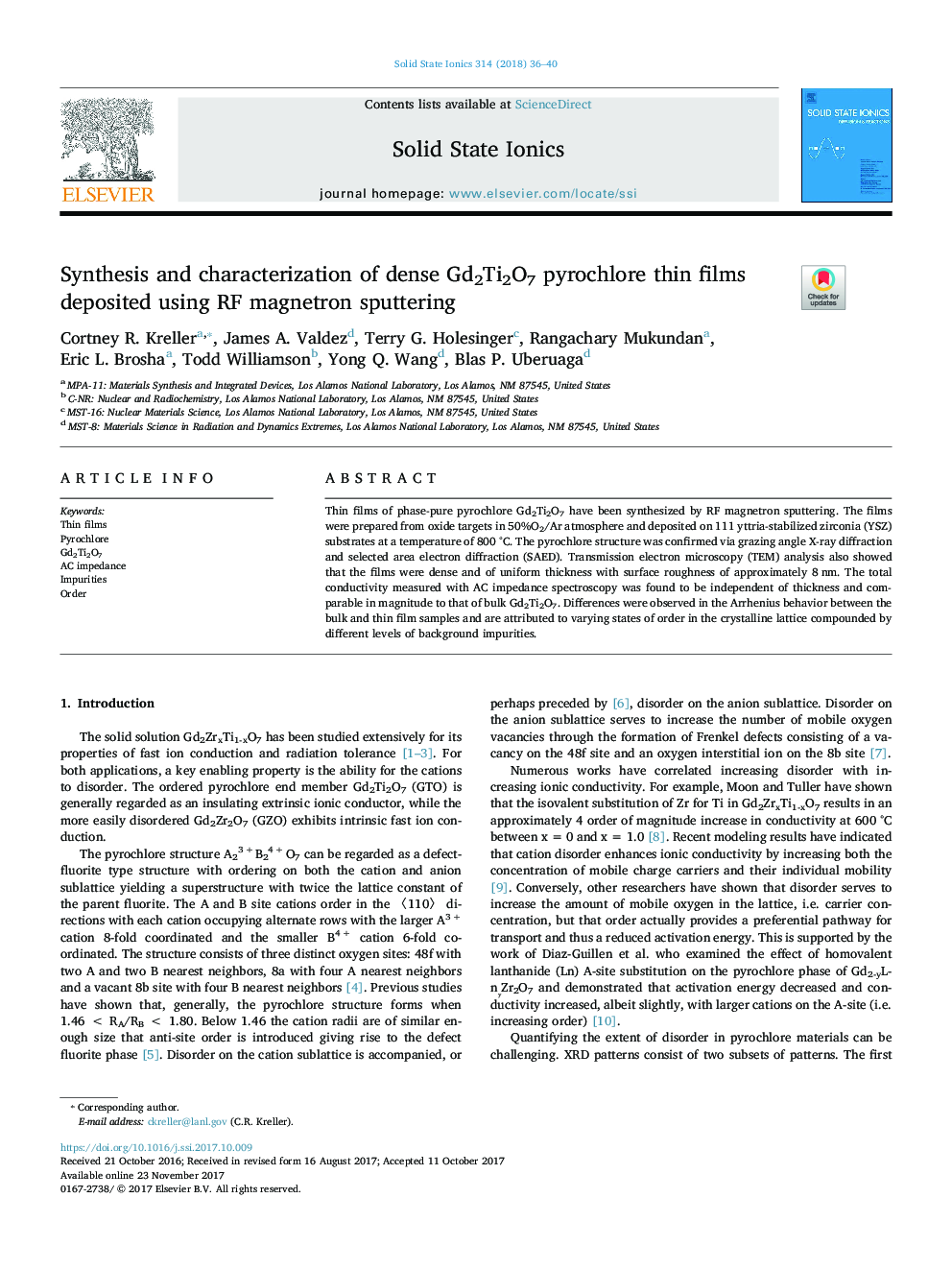 Synthesis and characterization of dense Gd2Ti2O7 pyrochlore thin films deposited using RF magnetron sputtering