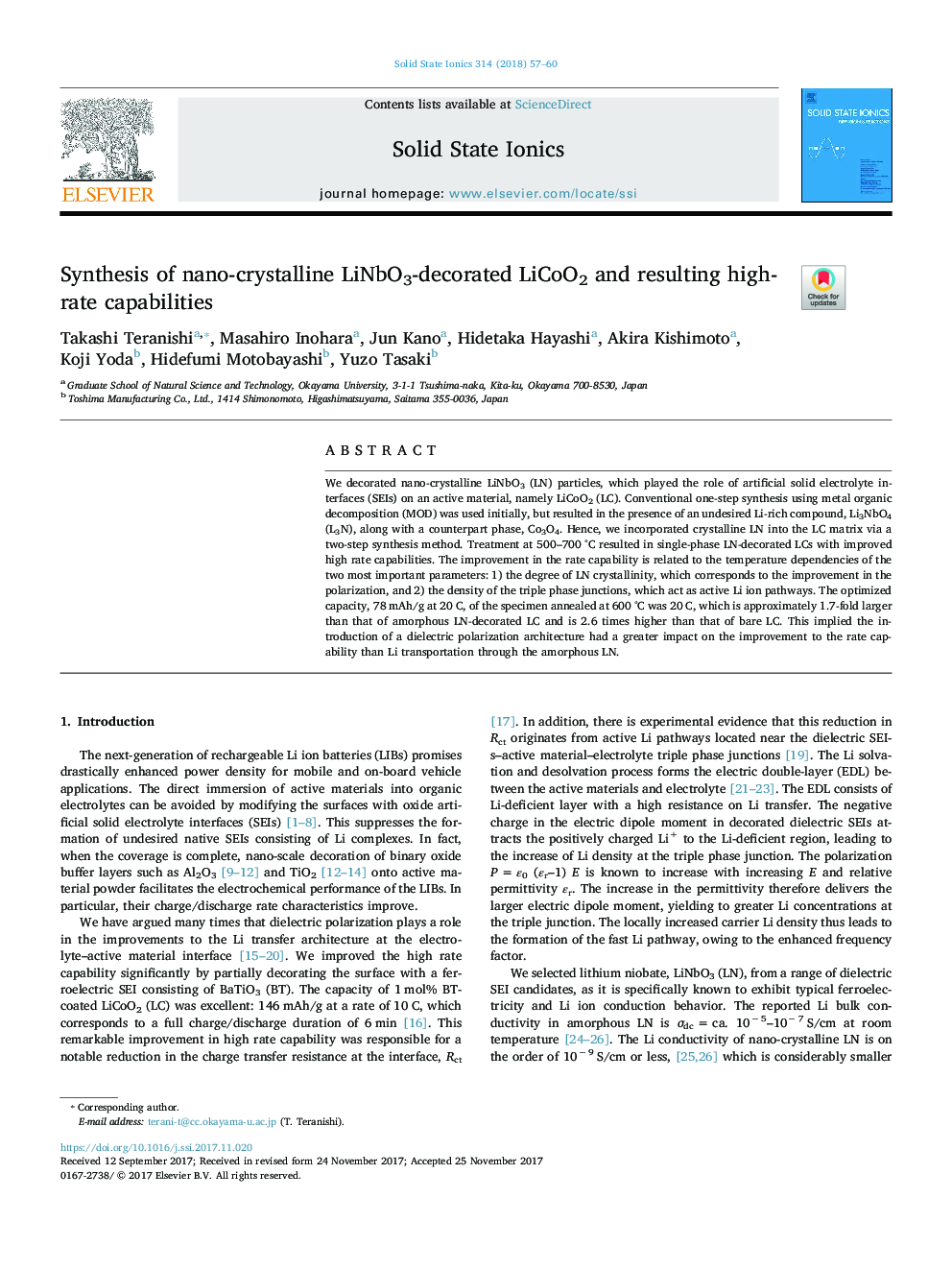 عکس صفحه اول مقاله: Synthesis of nano-crystalline LiNbO3-decorated LiCoO2 and resulting high-rate capabilities Synthesis of nano-crystalline LiNbO3-decorated LiCoO2 and resulting high-rate capabilities