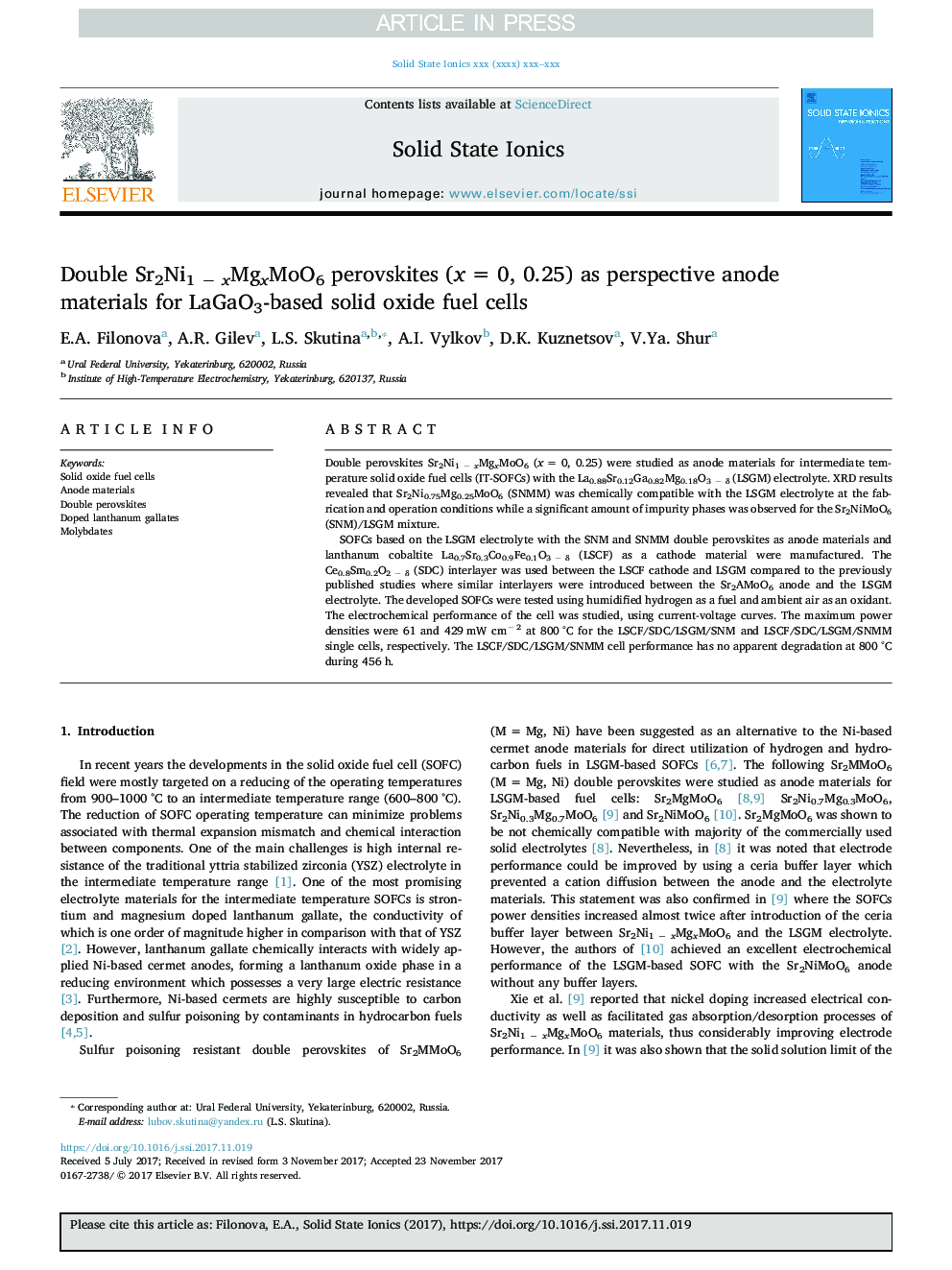 Double Sr2Ni1Â âÂ xMgxMoO6 perovskites (xÂ =Â 0, 0.25) as perspective anode materials for LaGaO3-based solid oxide fuel cells