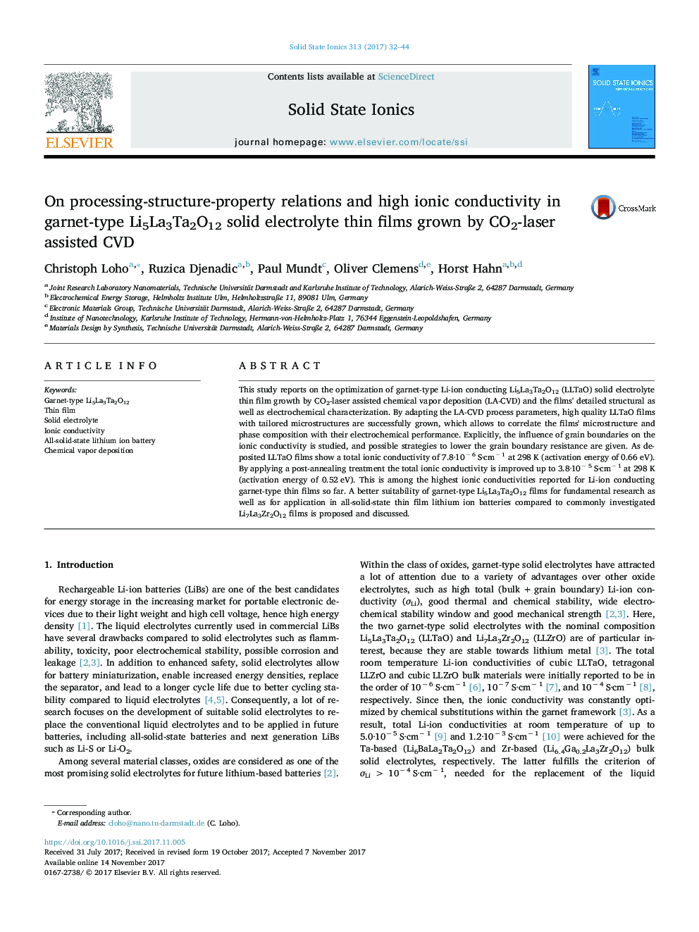 On processing-structure-property relations and high ionic conductivity in garnet-type Li5La3Ta2O12 solid electrolyte thin films grown by CO2-laser assisted CVD