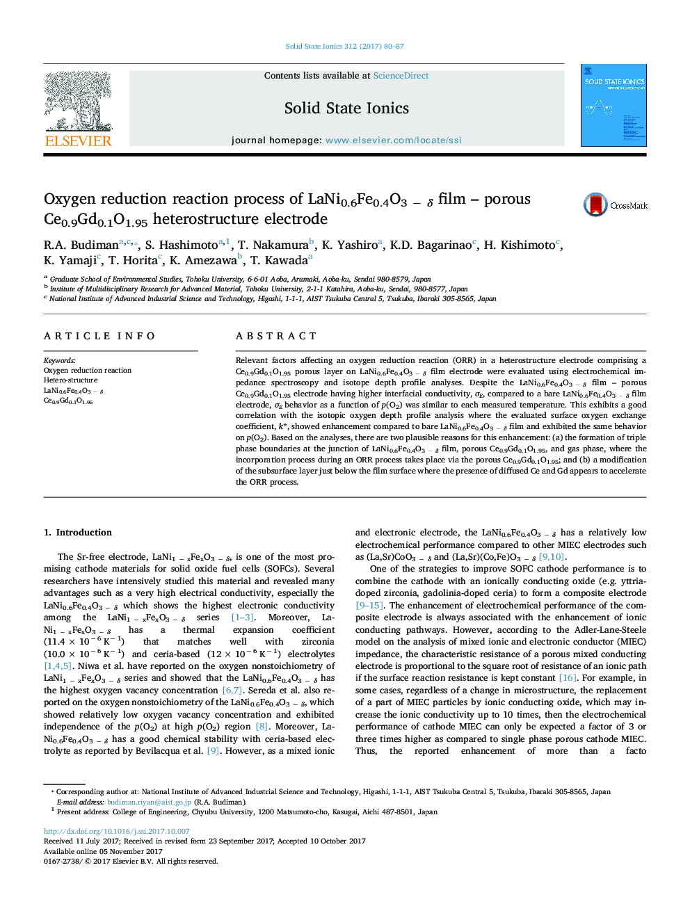 Oxygen reduction reaction process of LaNi0.6Fe0.4O3Â âÂ Î´ film - porous Ce0.9Gd0.1O1.95 heterostructure electrode