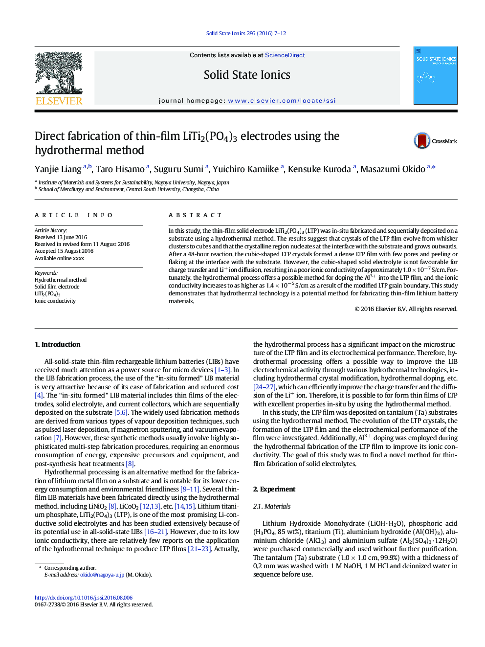 Direct fabrication of thin-film LiTi2(PO4)3 electrodes using the hydrothermal method