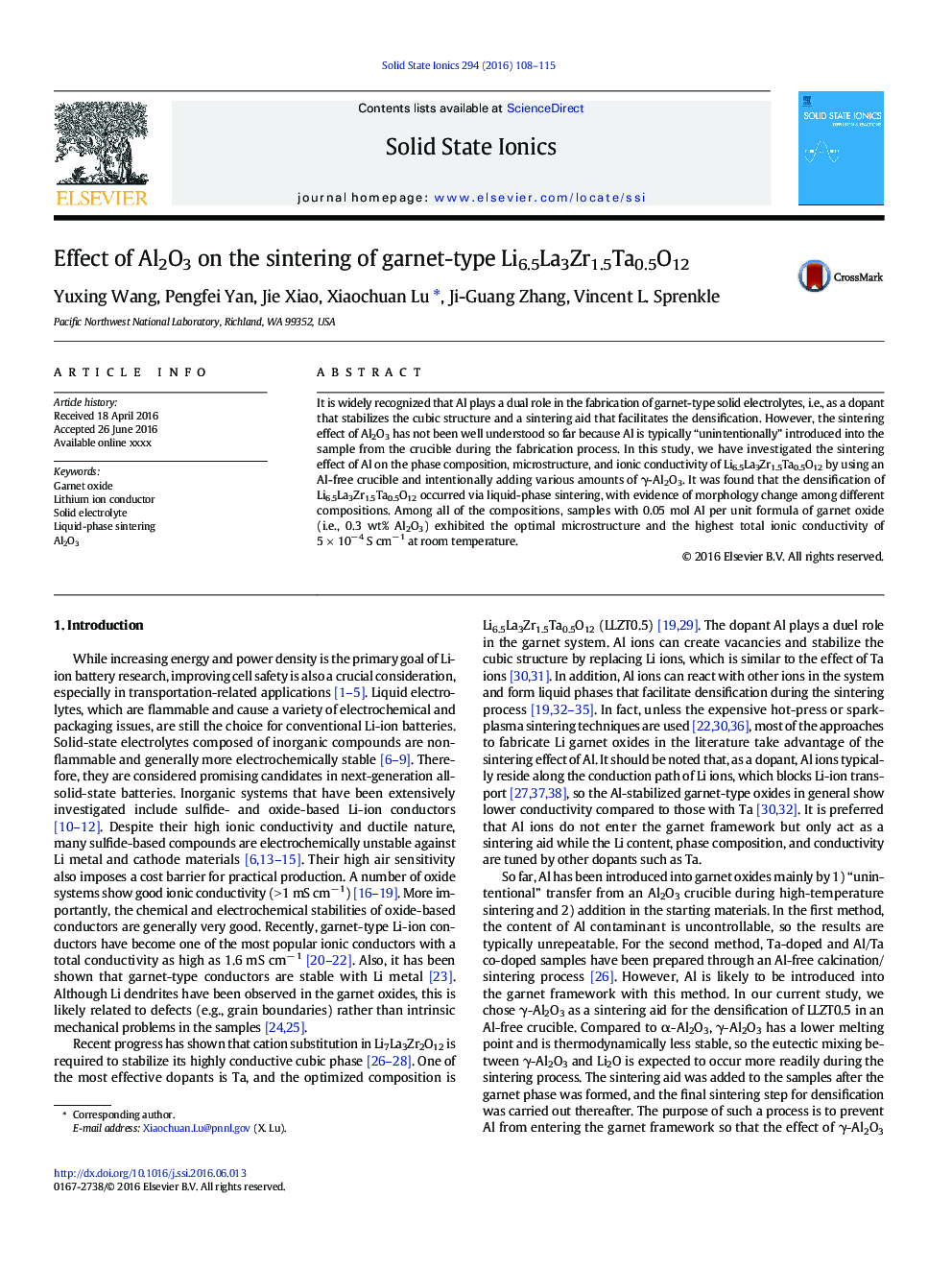 Effect of Al2O3 on the sintering of garnet-type Li6.5La3Zr1.5Ta0.5O12