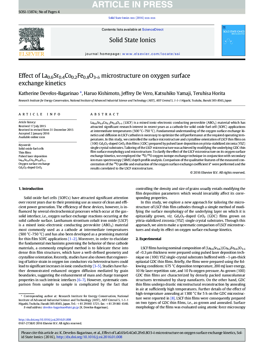 عکس صفحه اول مقاله: Effect of La0.6Sr0.4Co0.2Fe0.8O3-δ microstructure on oxygen surface exchange kinetics Effect of La0.6Sr0.4Co0.2Fe0.8O3-δ microstructure on oxygen surface exchange kinetics