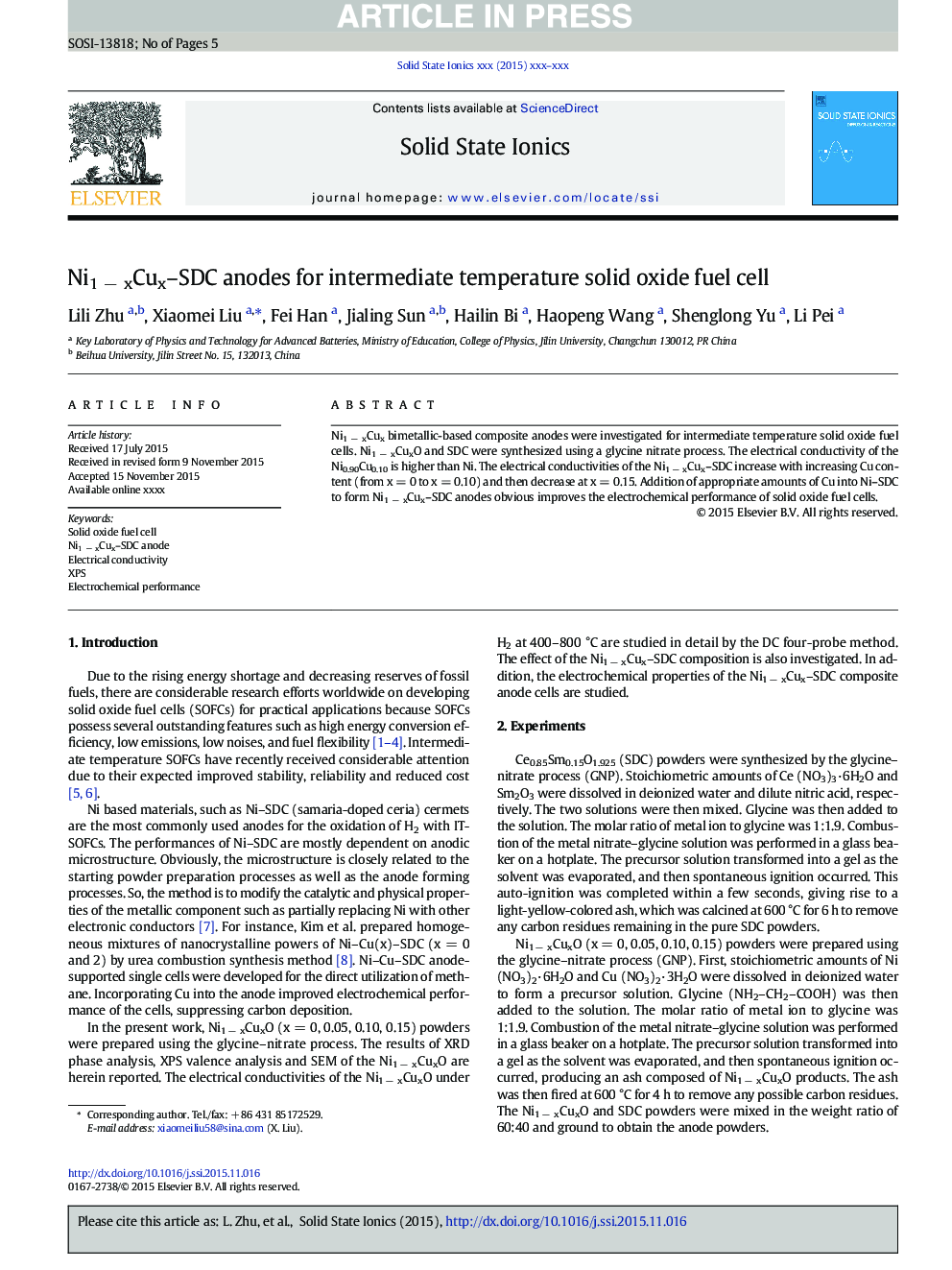 Ni1Â âÂ xCux-SDC anodes for intermediate temperature solid oxide fuel cell