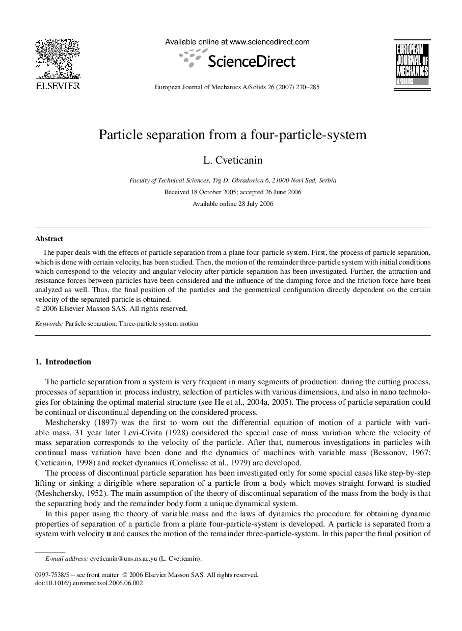 Particle separation from a four-particle-system