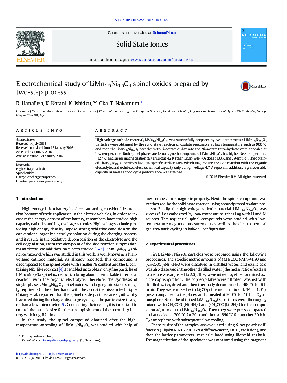 Electrochemical study of LiMn1.5Ni0.5O4 spinel oxides prepared by two-step process