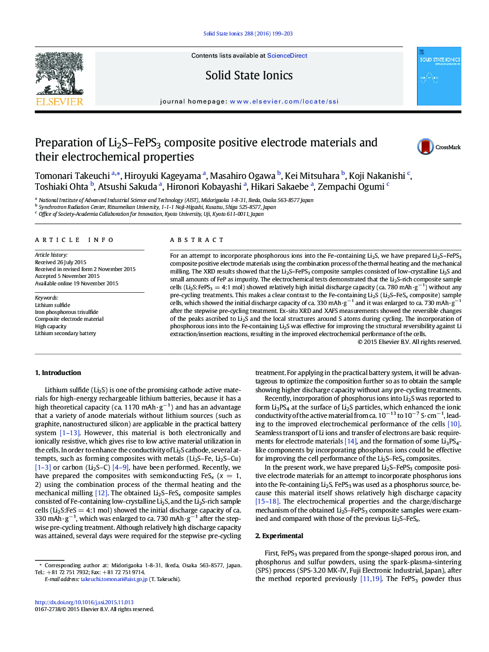 Preparation of Li2S-FePS3 composite positive electrode materials and their electrochemical properties