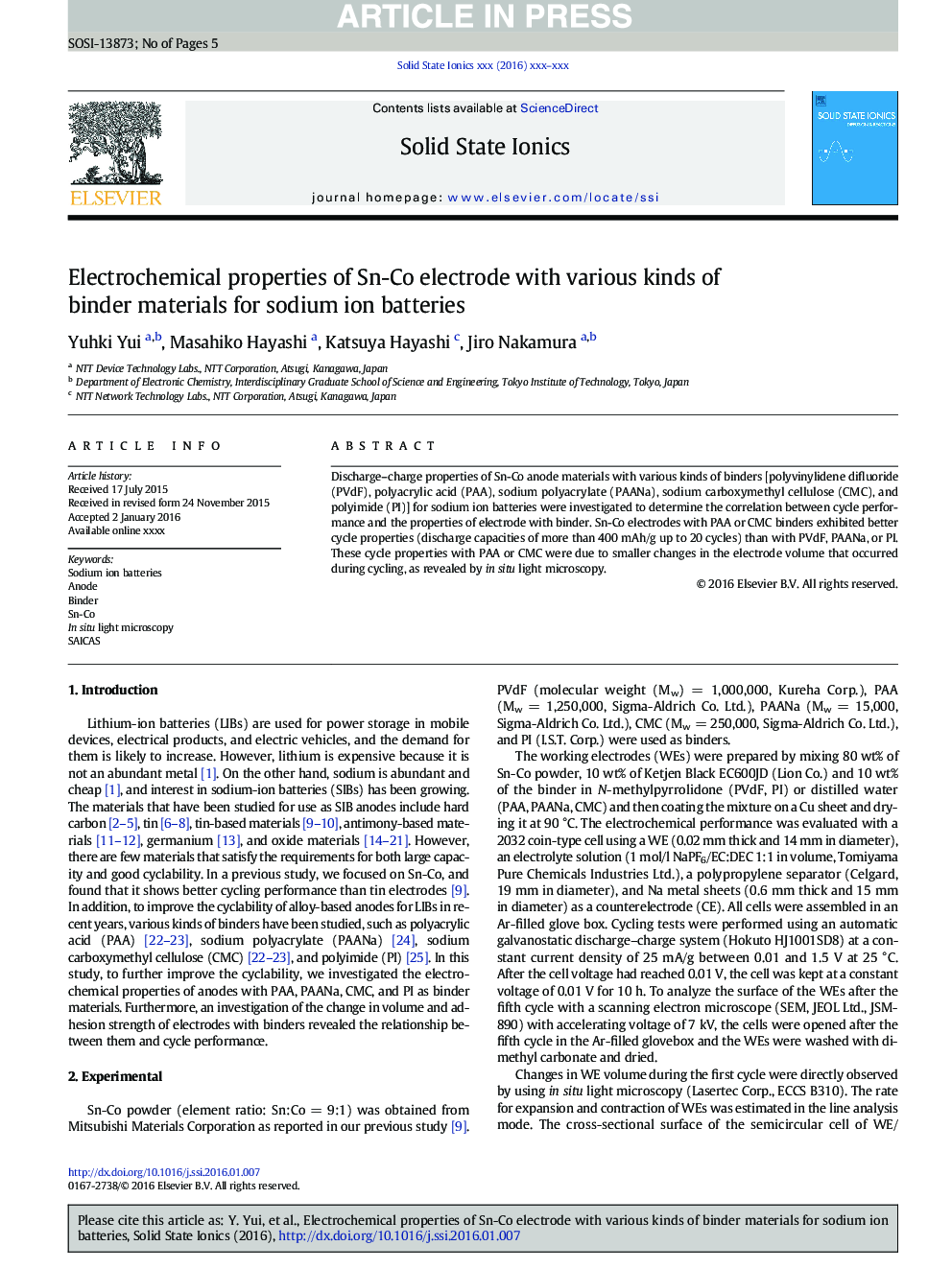 Electrochemical properties of Sn-Co electrode with various kinds of binder materials for sodium ion batteries