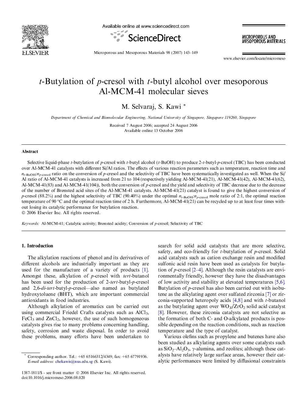 t-Butylation of p-cresol with t-butyl alcohol over mesoporous Al-MCM-41 molecular sieves