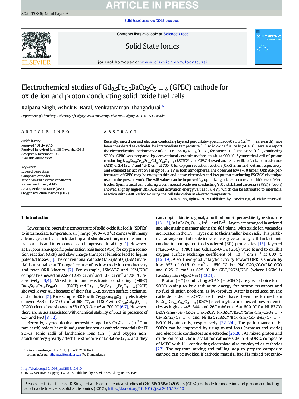 Electrochemical studies of Gd0.5Pr0.5BaCo2O5Â +Â Î´ (GPBC) cathode for oxide ion and proton conducting solid oxide fuel cells