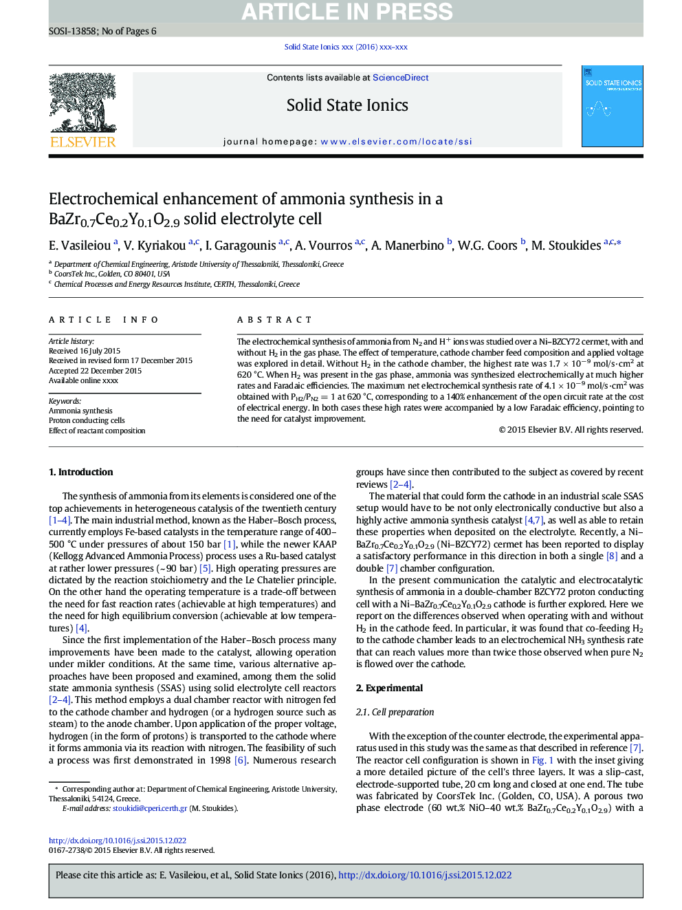 Electrochemical enhancement of ammonia synthesis in a BaZr0.7Ce0.2Y0.1O2.9 solid electrolyte cell