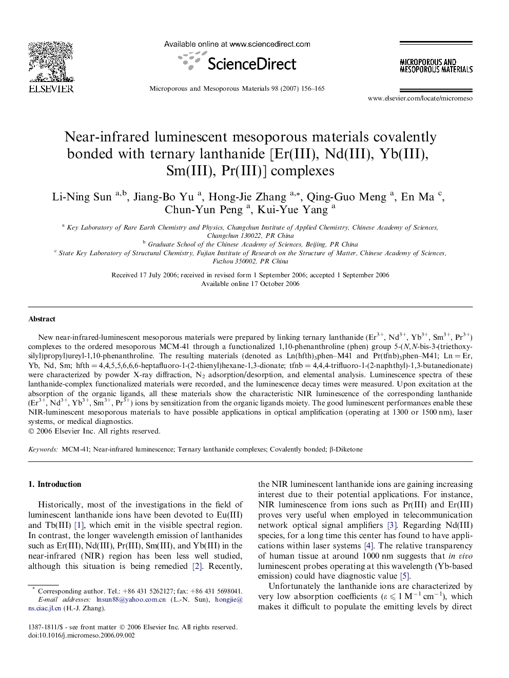 Near-infrared luminescent mesoporous materials covalently bonded with ternary lanthanide [Er(III), Nd(III), Yb(III), Sm(III), Pr(III)] complexes