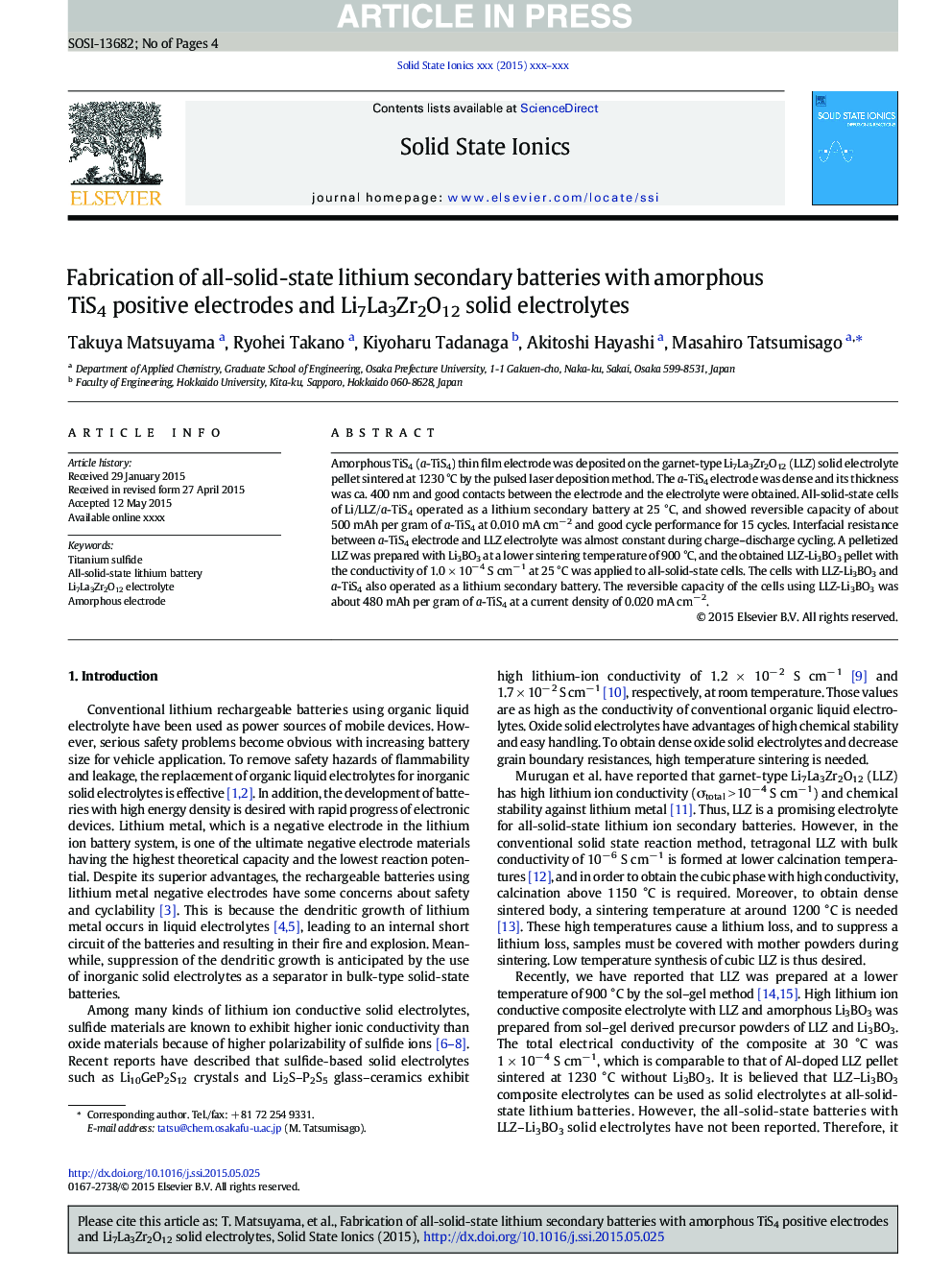 Fabrication of all-solid-state lithium secondary batteries with amorphous TiS4 positive electrodes and Li7La3Zr2O12 solid electrolytes