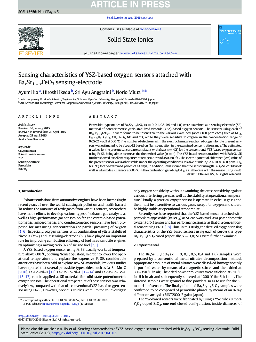 Sensing characteristics of YSZ-based oxygen sensors attached with BaxSr1Â -Â xFeO3 sensing-electrode