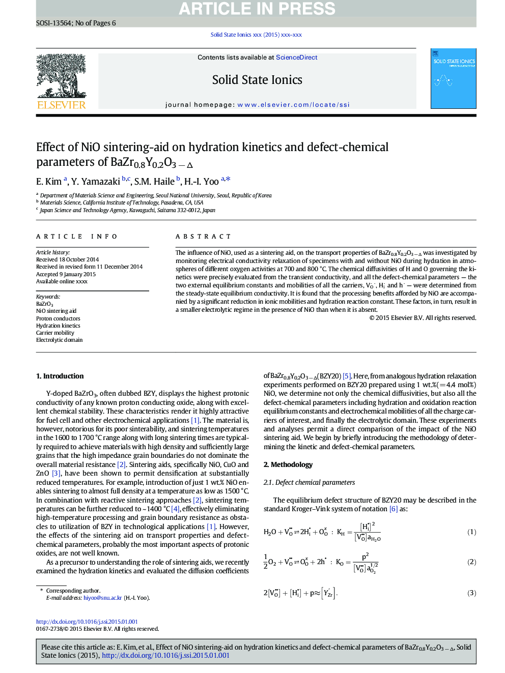 Effect of NiO sintering-aid on hydration kinetics and defect-chemical parameters of BaZr0.8Y0.2O3Â âÂ Î