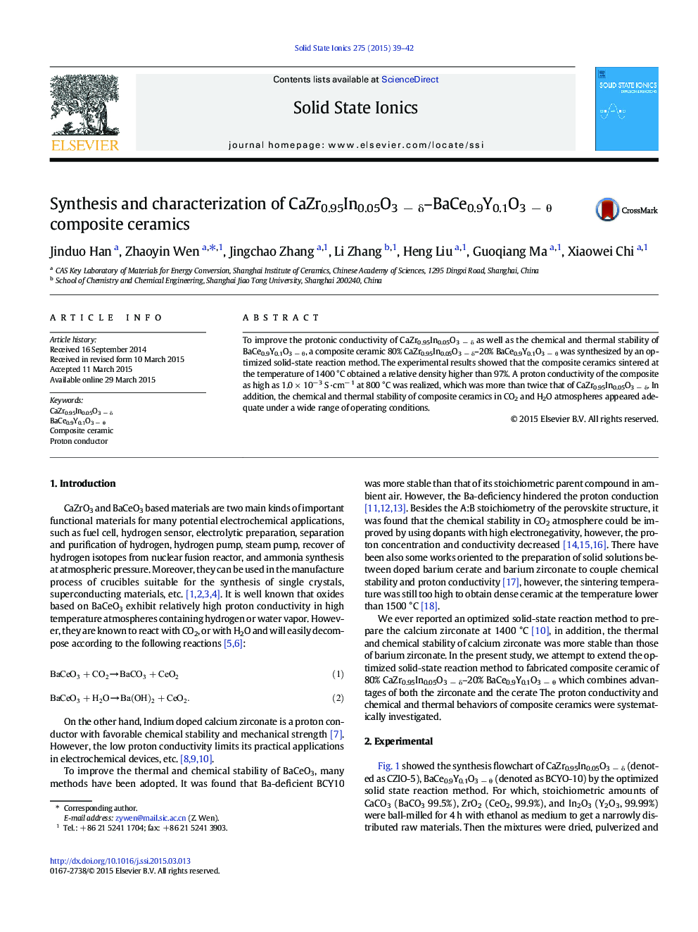 Synthesis and characterization of CaZr0.95In0.05O3Â âÂ Î´-BaCe0.9Y0.1O3Â âÂ Î¸ composite ceramics