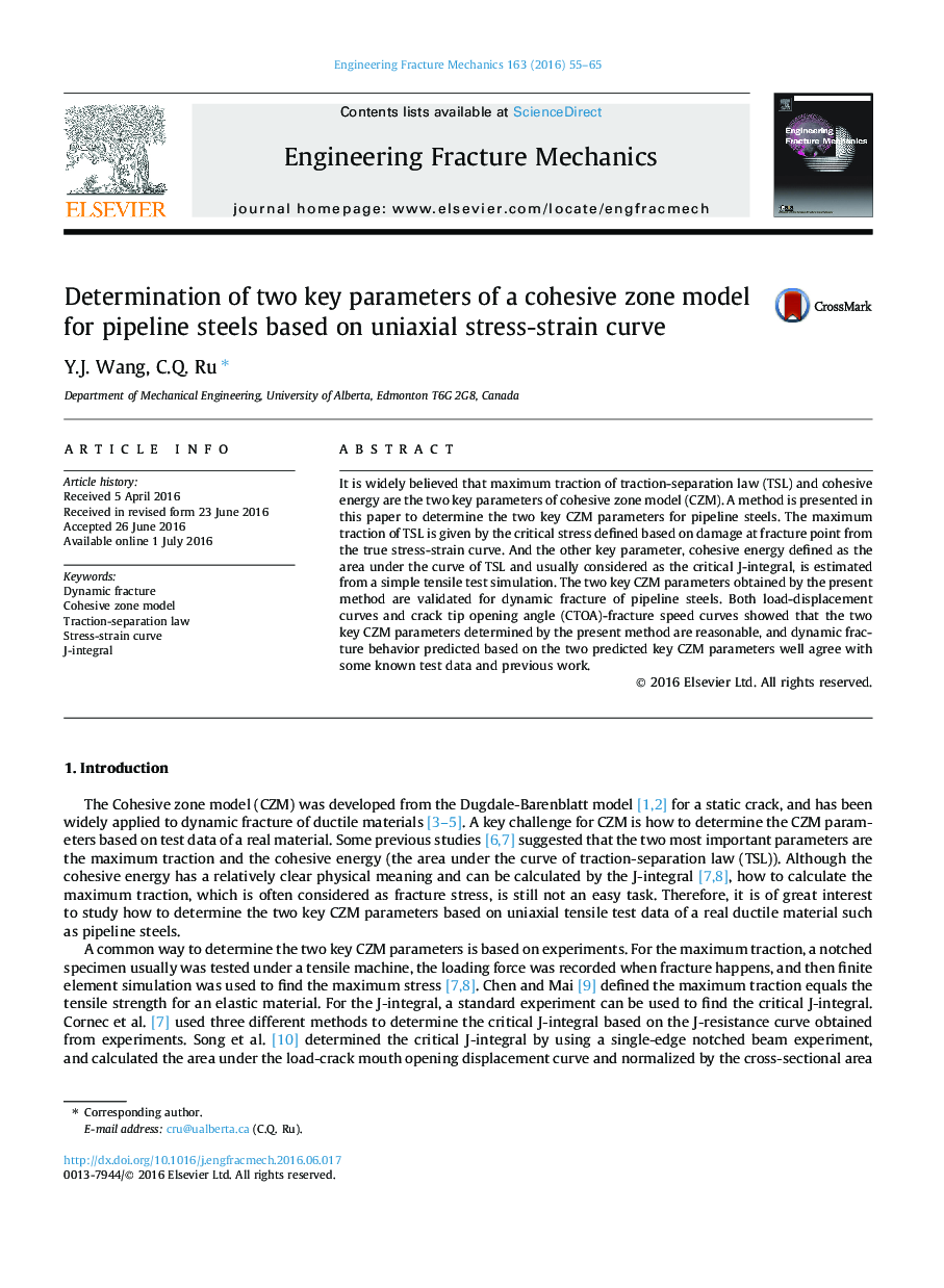 Determination of two key parameters of a cohesive zone model for pipeline steels based on uniaxial stress-strain curve