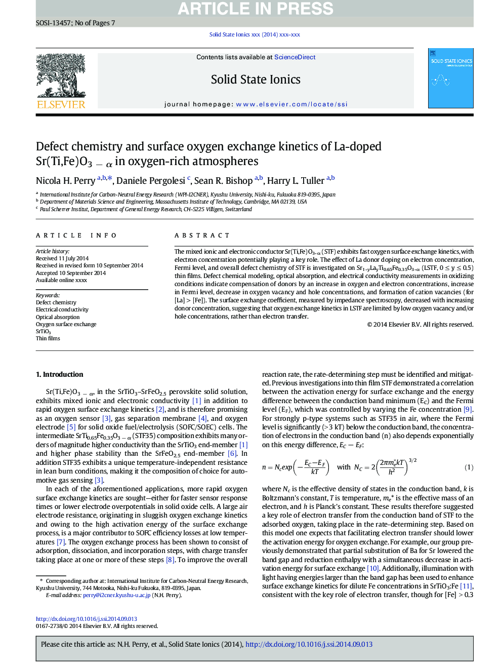 Defect chemistry and surface oxygen exchange kinetics of La-doped Sr(Ti,Fe)O3Â âÂ Î± in oxygen-rich atmospheres