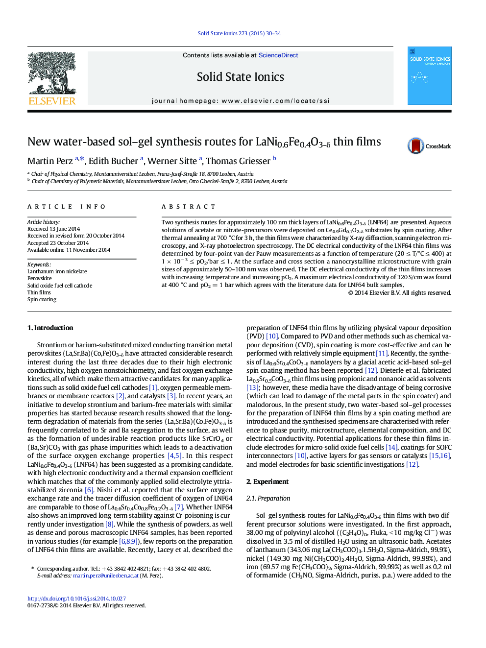 New water-based sol-gel synthesis routes for LaNi0.6Fe0.4O3-Î´ thin films