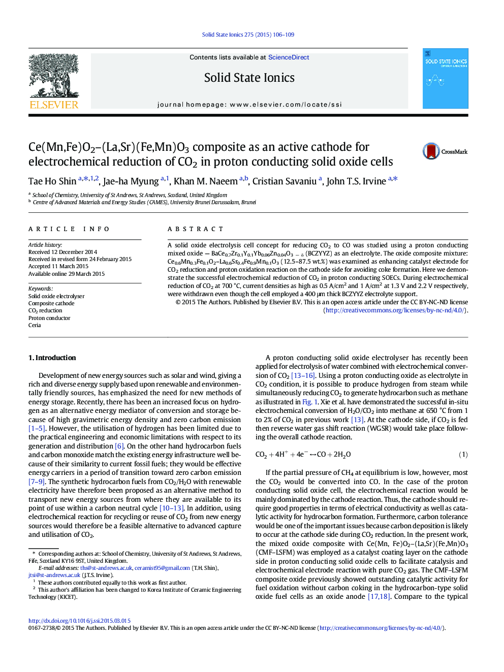 Ce(Mn,Fe)O2-(La,Sr)(Fe,Mn)O3 composite as an active cathode for electrochemical reduction of CO2 in proton conducting solid oxide cells