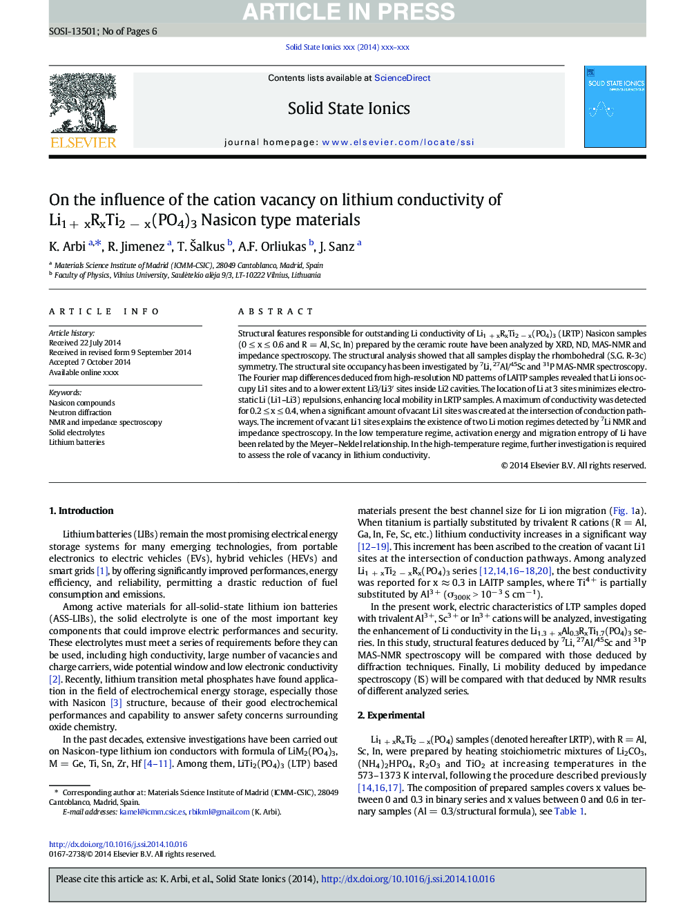 On the influence of the cation vacancy on lithium conductivity of Li1Â +Â xRxTi2Â âÂ x(PO4)3 Nasicon type materials