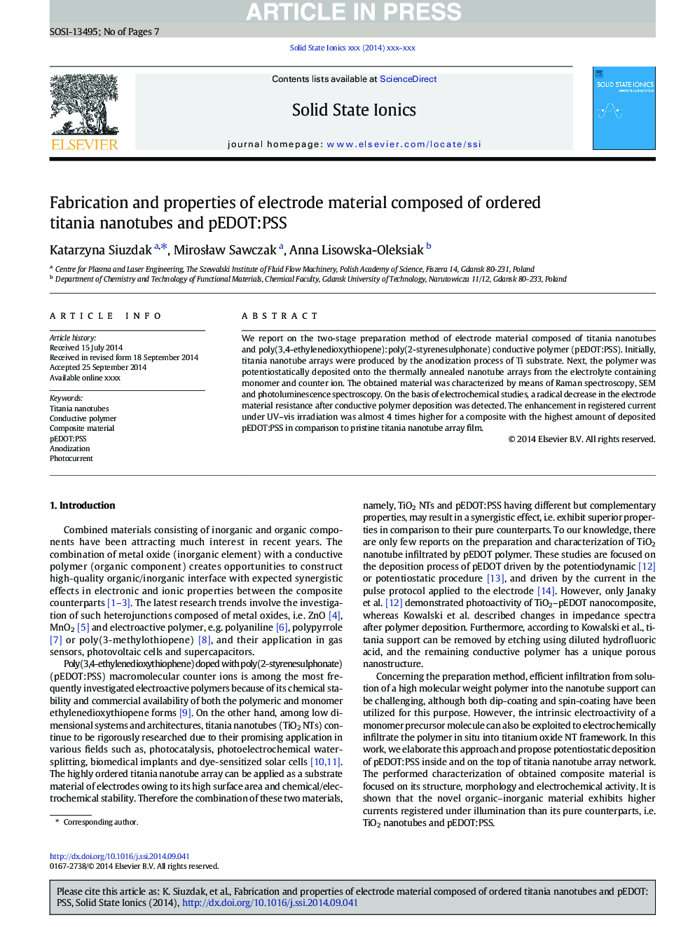 Fabrication and properties of electrode material composed of ordered titania nanotubes and pEDOT:PSS