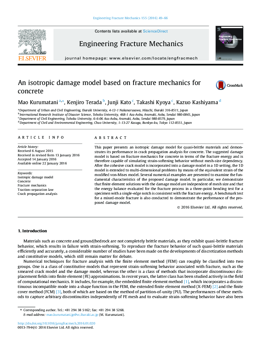 An isotropic damage model based on fracture mechanics for concrete