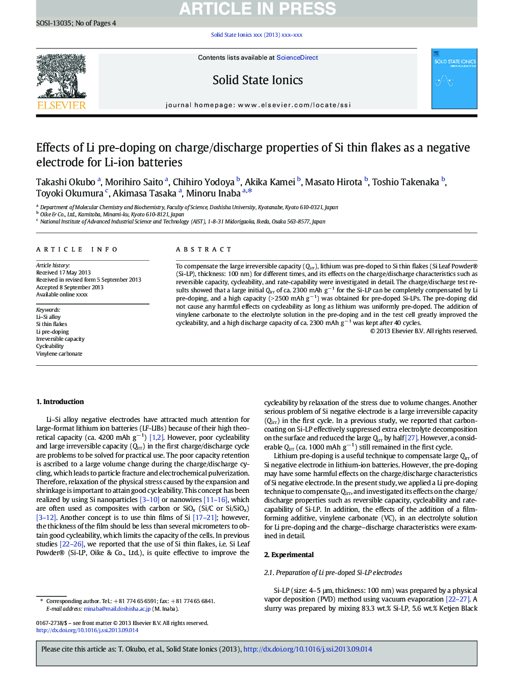 Effects of Li pre-doping on charge/discharge properties of Si thin flakes as a negative electrode for Li-ion batteries