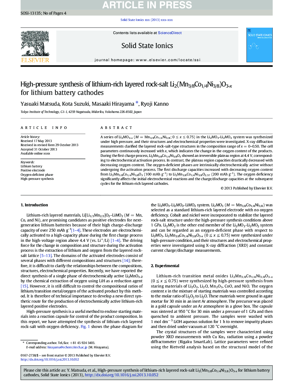 High-pressure synthesis of lithium-rich layered rock-salt Li2(Mn3/8Co1/4Ni3/8)O3-x for lithium battery cathodes