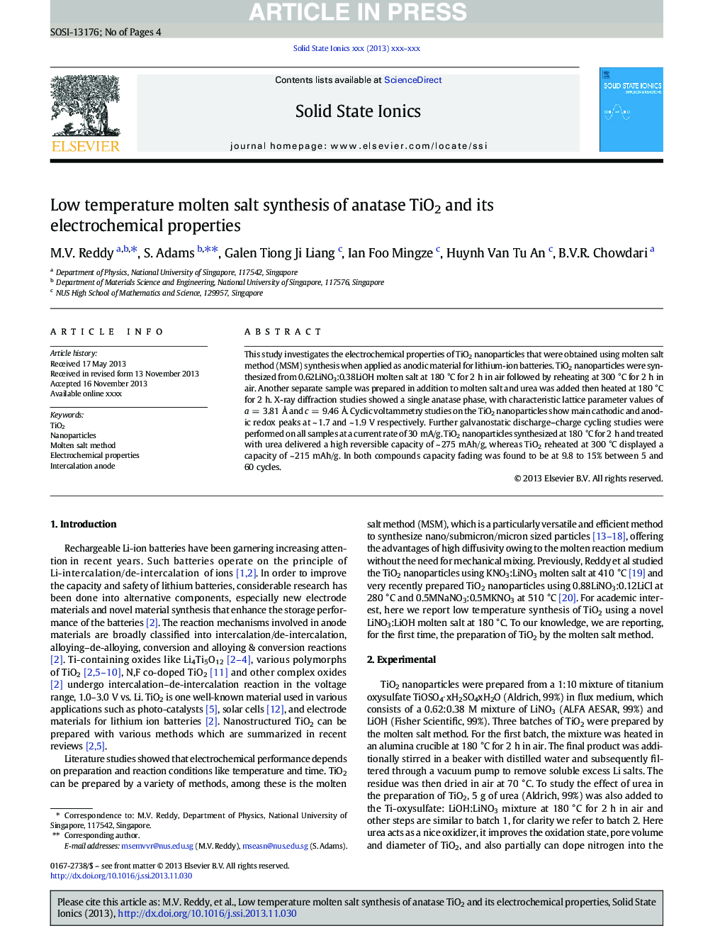 Low temperature molten salt synthesis of anatase TiO2 and its electrochemical properties