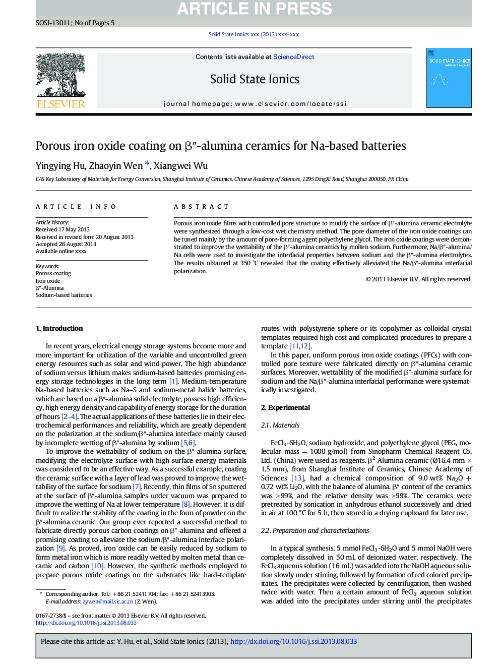 Porous iron oxide coating on Î²â³-alumina ceramics for Na-based batteries